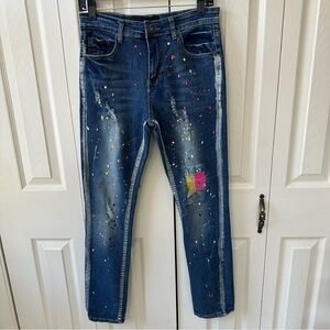 Waimea Paint Splatter Distressed Patchwork Denim Jeans Skinny Fit Girls Size 16